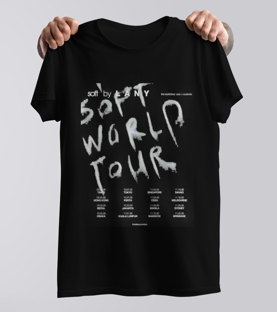 Lany Band 2026 Soft World Tour Dates Retro Grunge Style With Distressed Typography And Event Cities T-Shirt