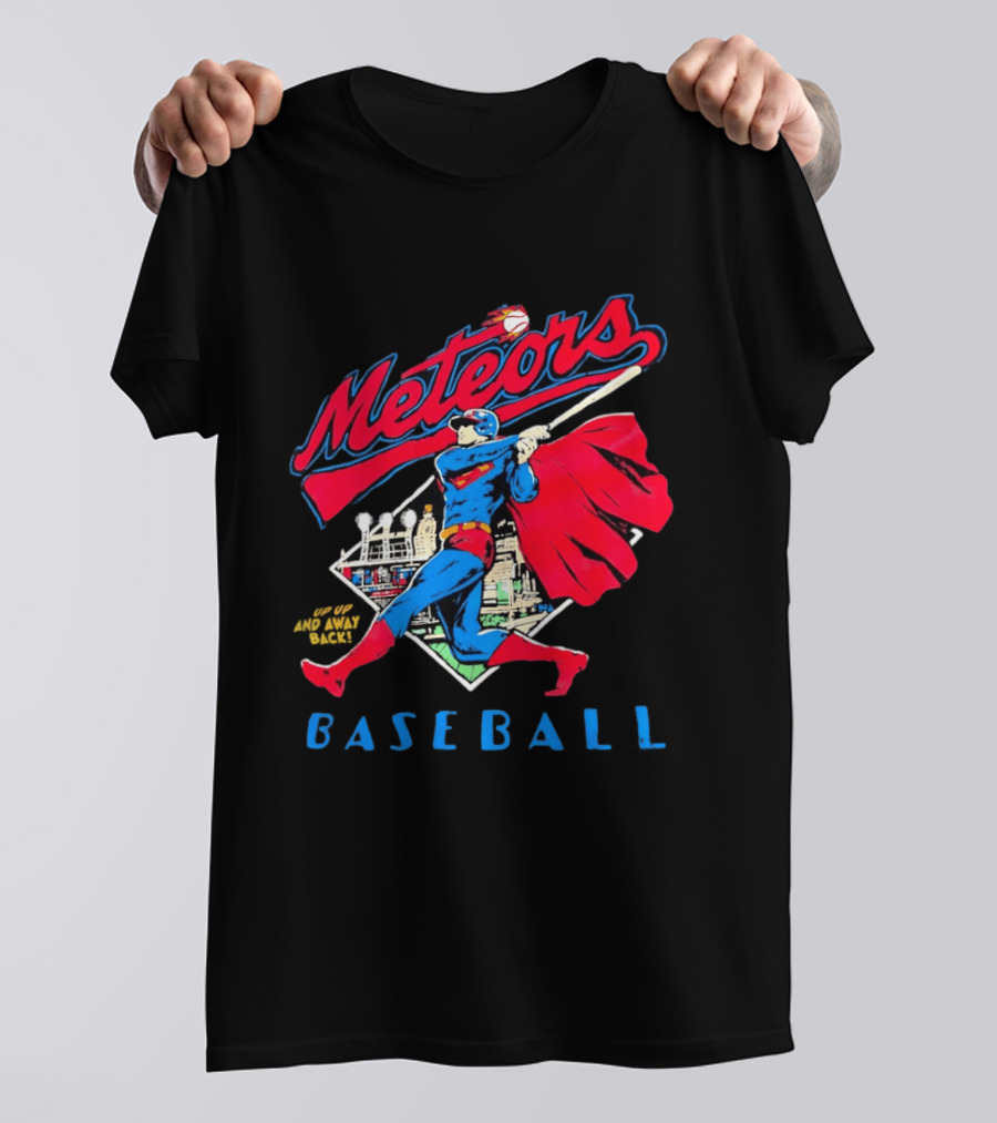 Meteors Baseball Superhero Swinging Bat Power City Stadium Iconic Comic T-Shirt