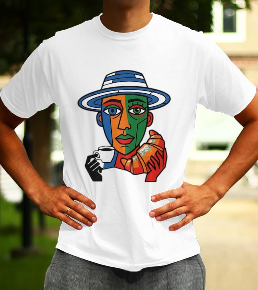 Cubist Coffee Drinker With Hat And Croissant T-Shirt