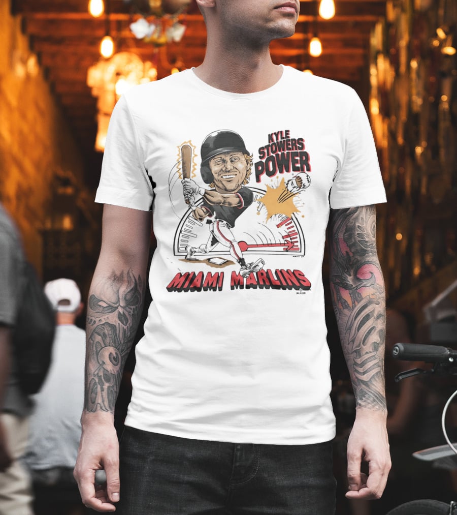 Kyle Stowers Power Miami Marlins Caricature Baseball Swing T-Shirt
