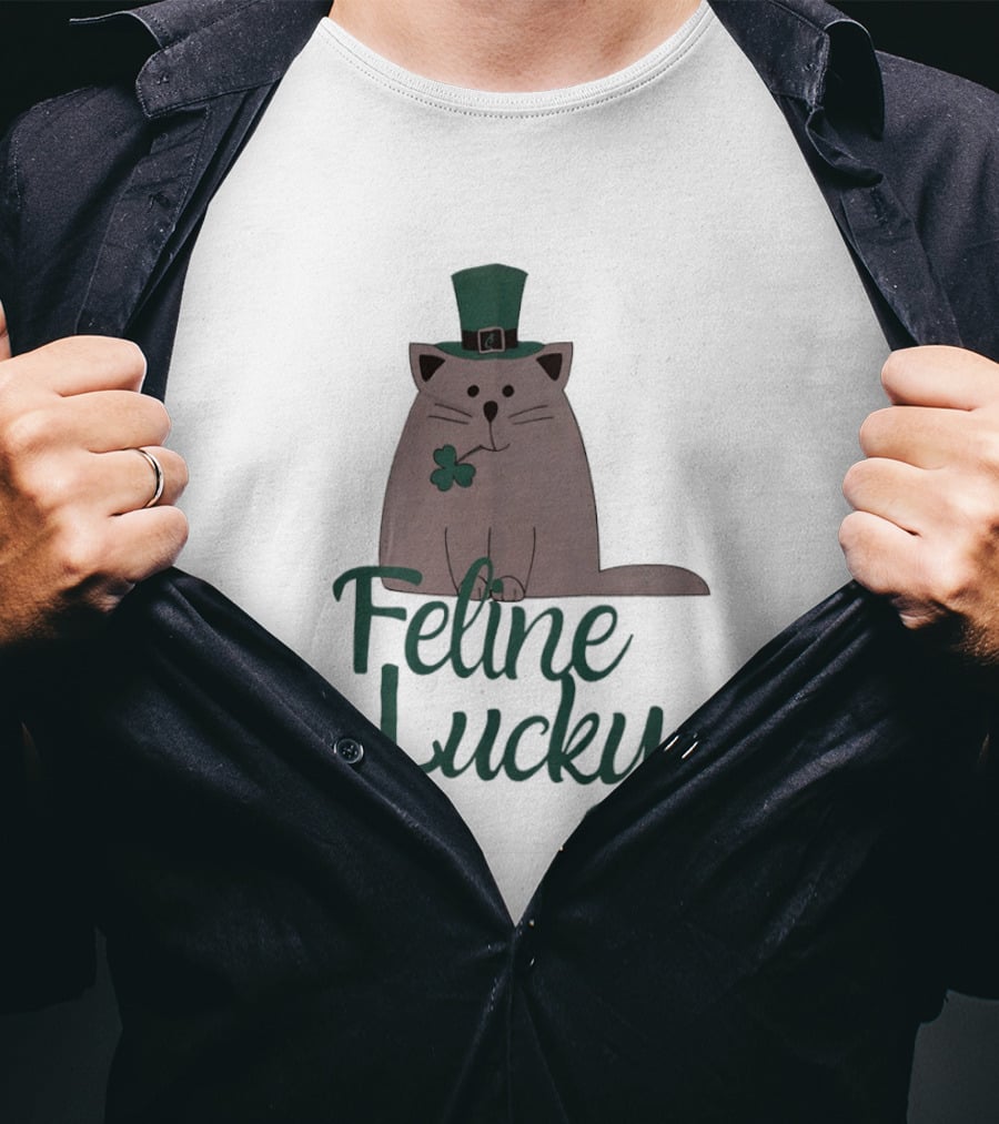 St Patrick's Day Feline Lucky Cat With Shamrock Hat T-Shirt