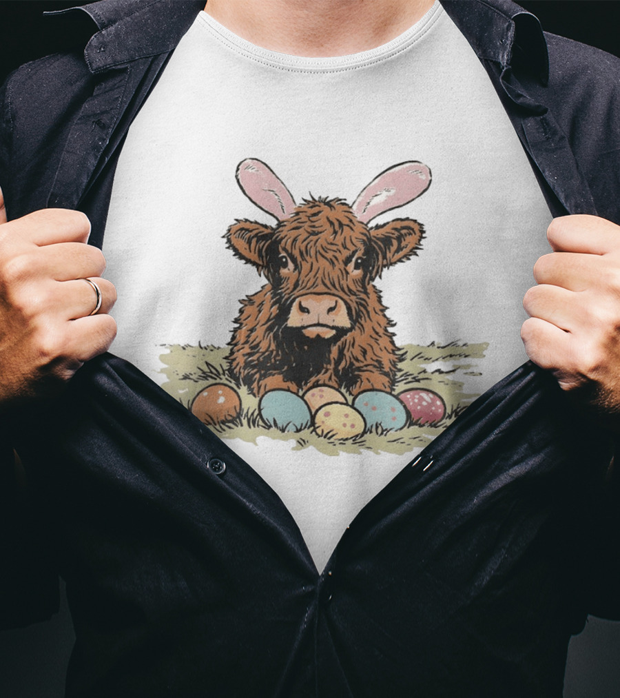 Highland Cow With Easter Eggs And Bunny Ears Easter Day 2026 T-Shirt