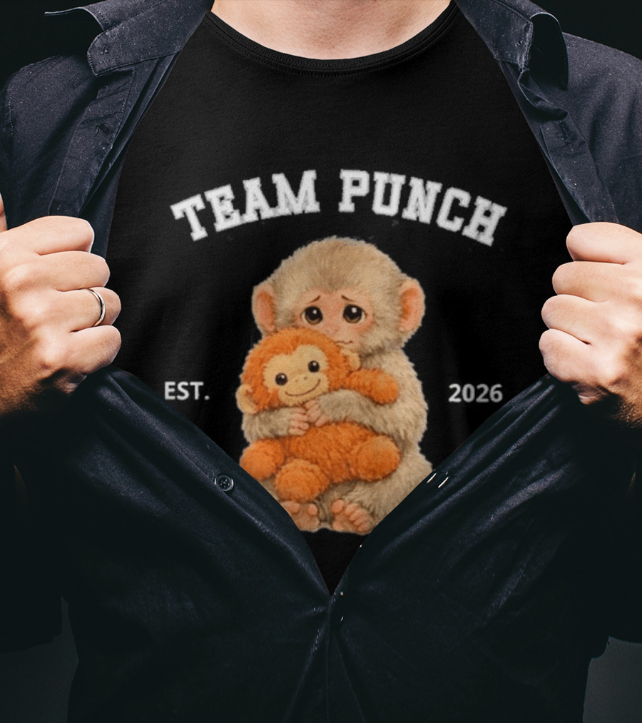 Team Punch Monkey EST 2026 Cute Baby Monkey Holding Plush Toy T-Shirt