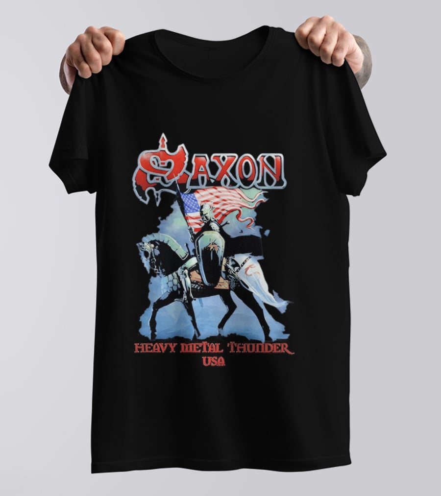 Saxon Heavy Metal Knight With American Flag USA T-Shirt