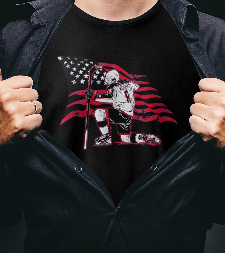 Zach Werenski 8 Columbus Blue Jackets Kneeling Pose American Flag Hockey T-Shirt