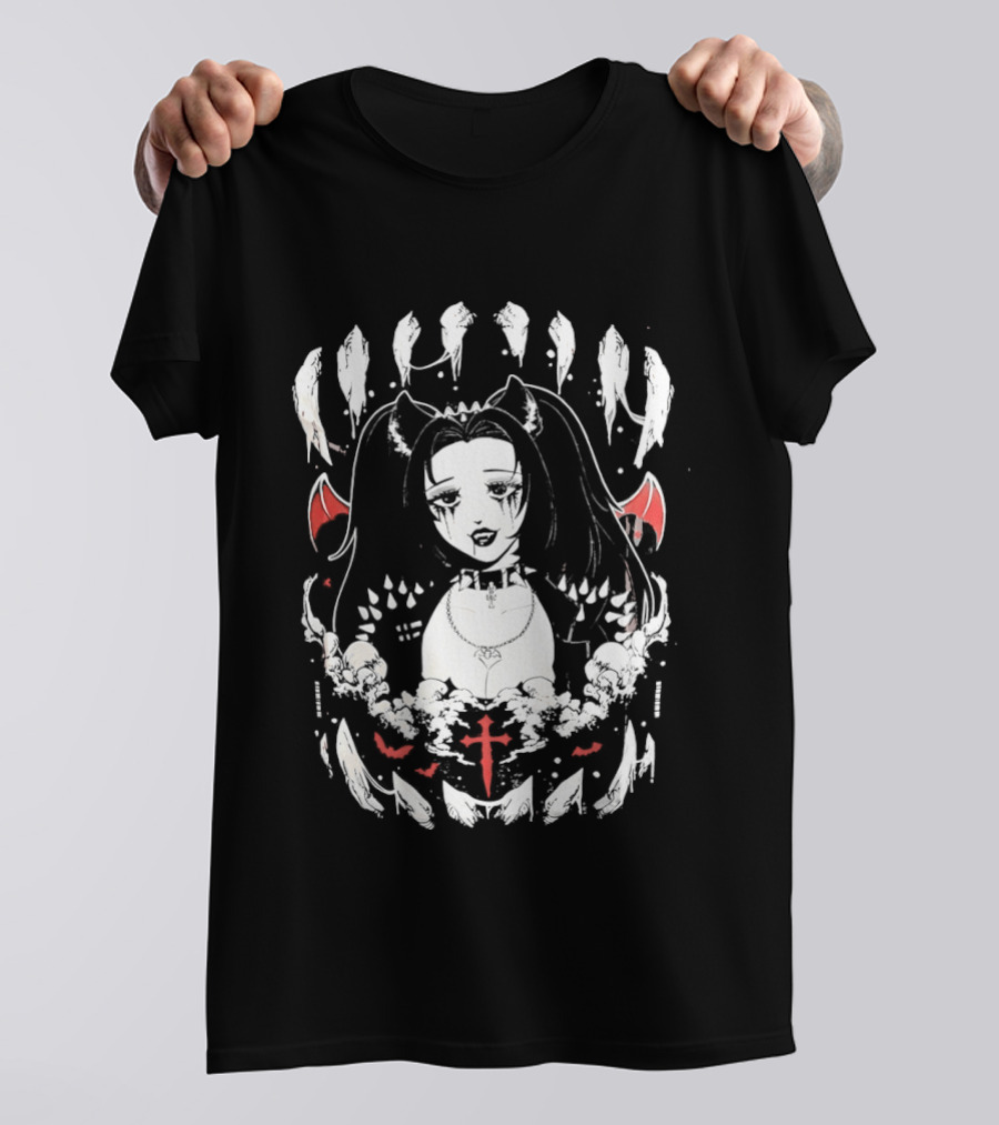 Emo Gothic Girl Bat Wings Cross And Skull Elements Dark Aesthetic T-Shirt