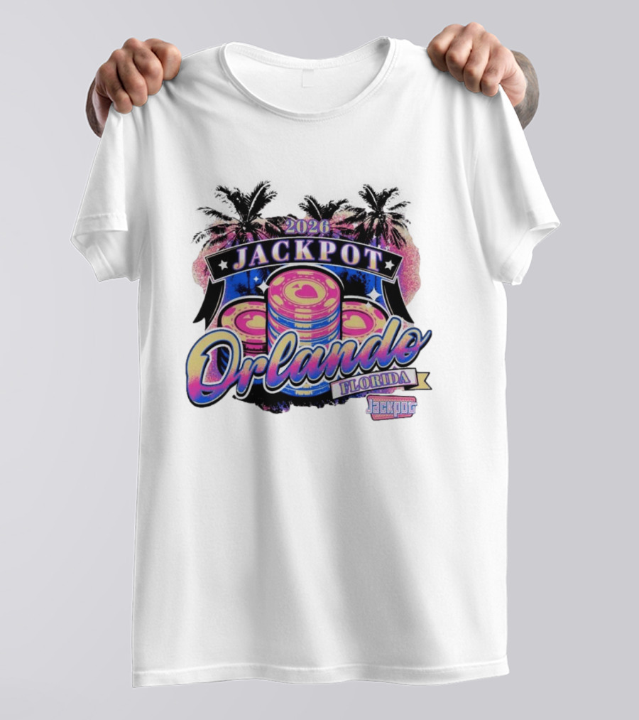 2026 Jackpot Orlando Florida Event With Palm Trees And Poker Chips T-Shirt