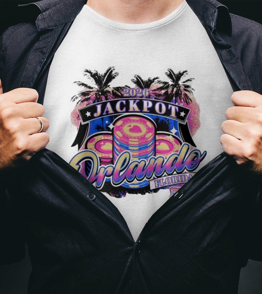 2026 Jackpot Orlando Florida Event With Palm Trees And Poker Chips T-Shirt