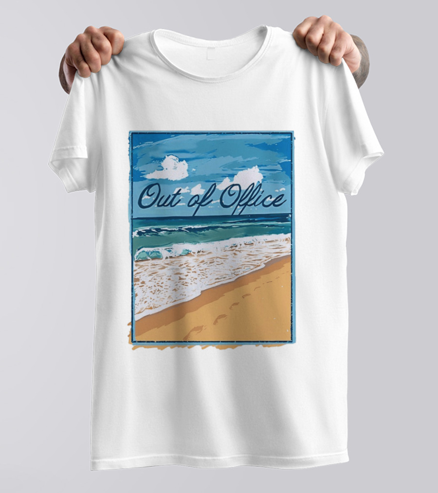 Out Of Office Beach Painting Photo 2025 Blue Sky Ocean Waves Sand T-Shirt