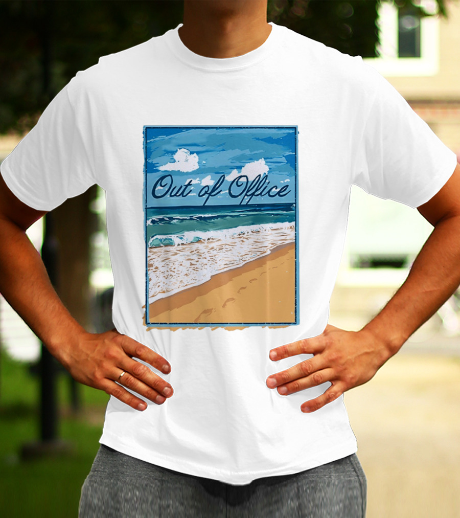 Out Of Office Beach Painting Photo 2025 Blue Sky Ocean Waves Sand T-Shirt