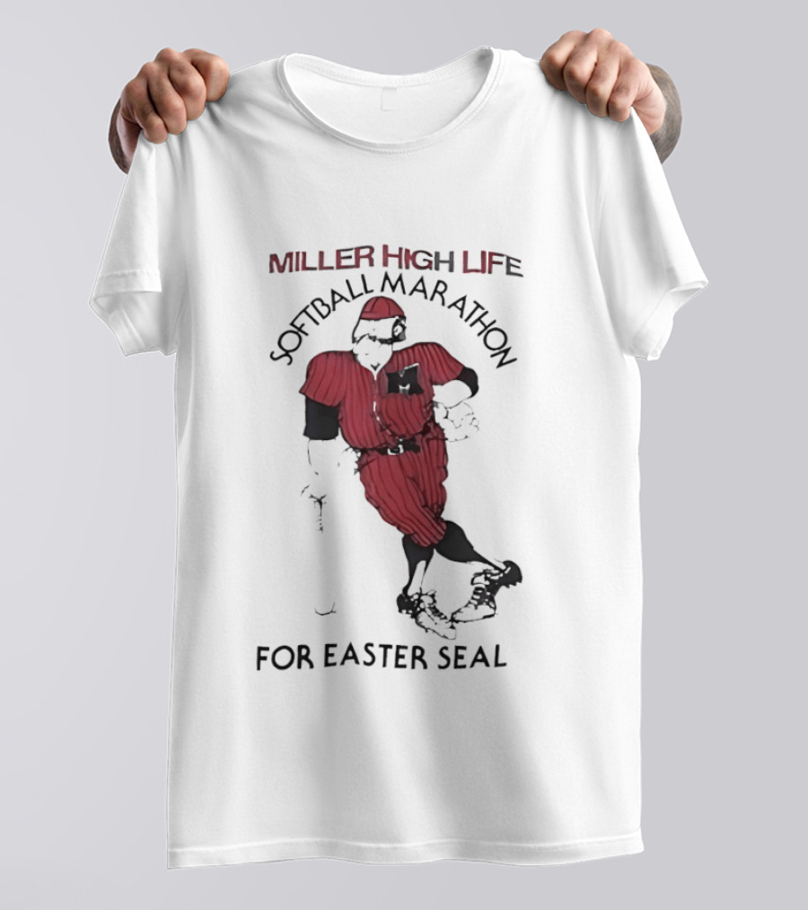 Miller High Life Softball Marathon For Easter Seal Player In Red Uniform T-Shirt