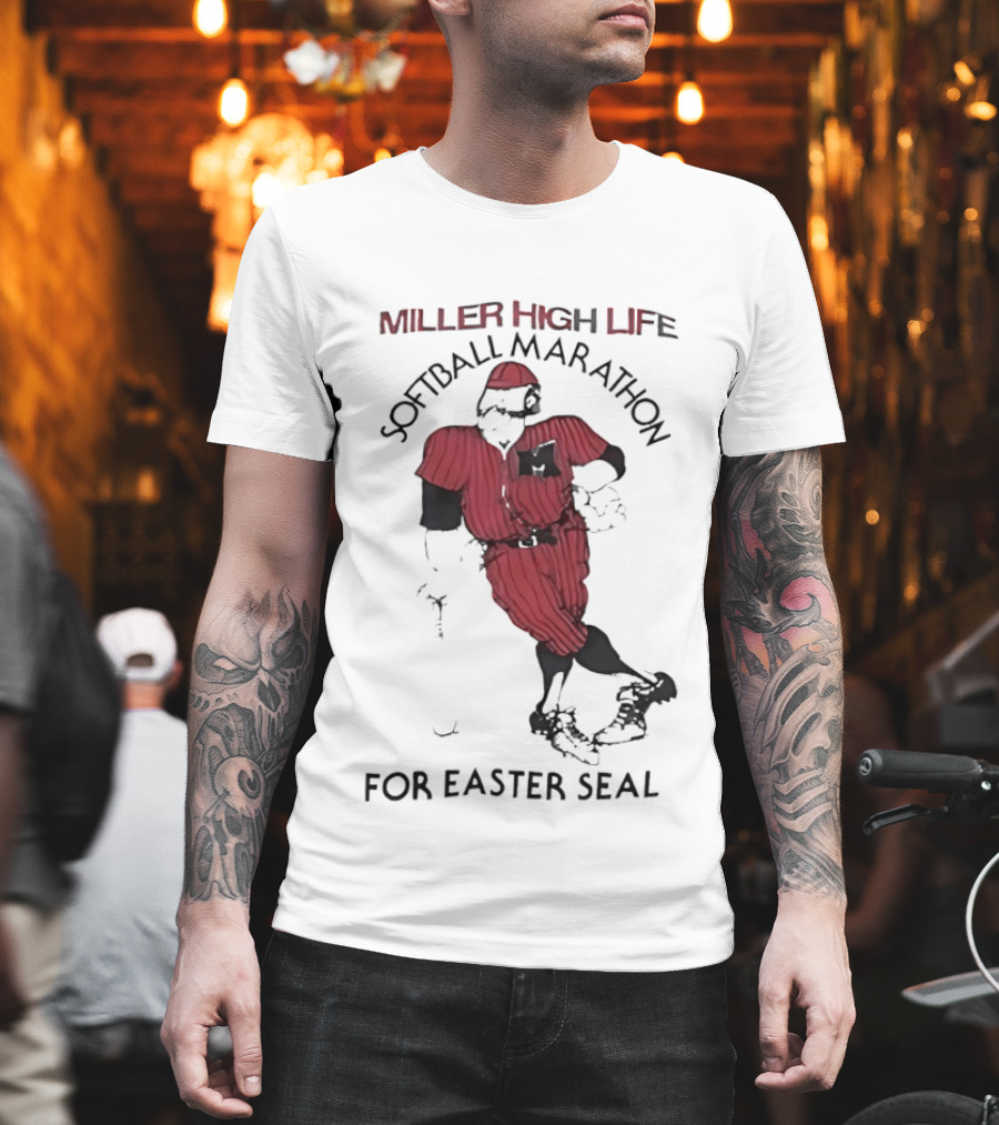 Miller High Life Softball Marathon For Easter Seal Player In Red Uniform T-Shirt