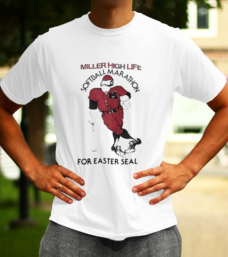 Miller High Life Softball Marathon For Easter Seal Player In Red Uniform T-Shirt