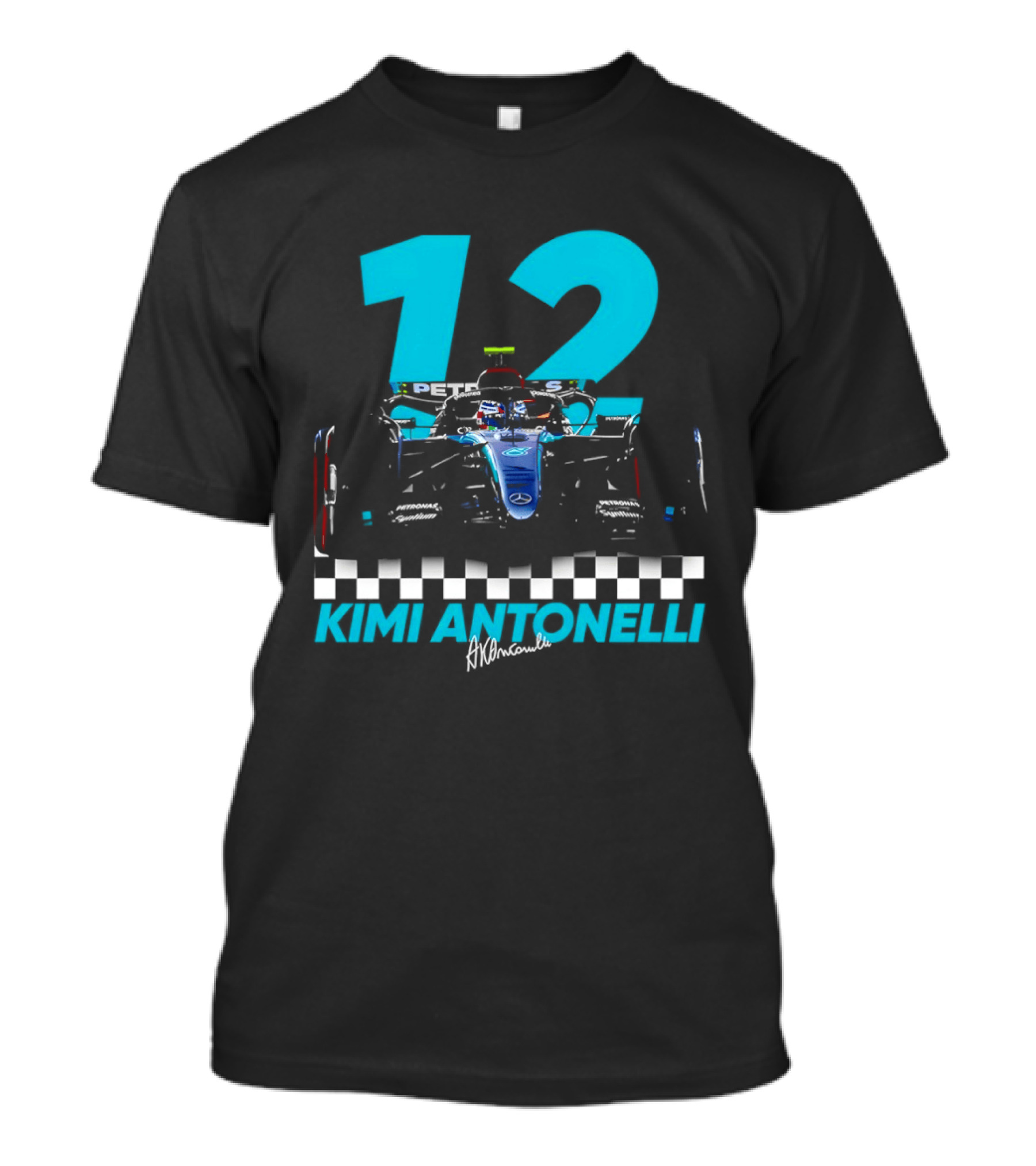 Kimi Antonelli 12 Formula One Racing Car With Checkered Flag T-Shirt