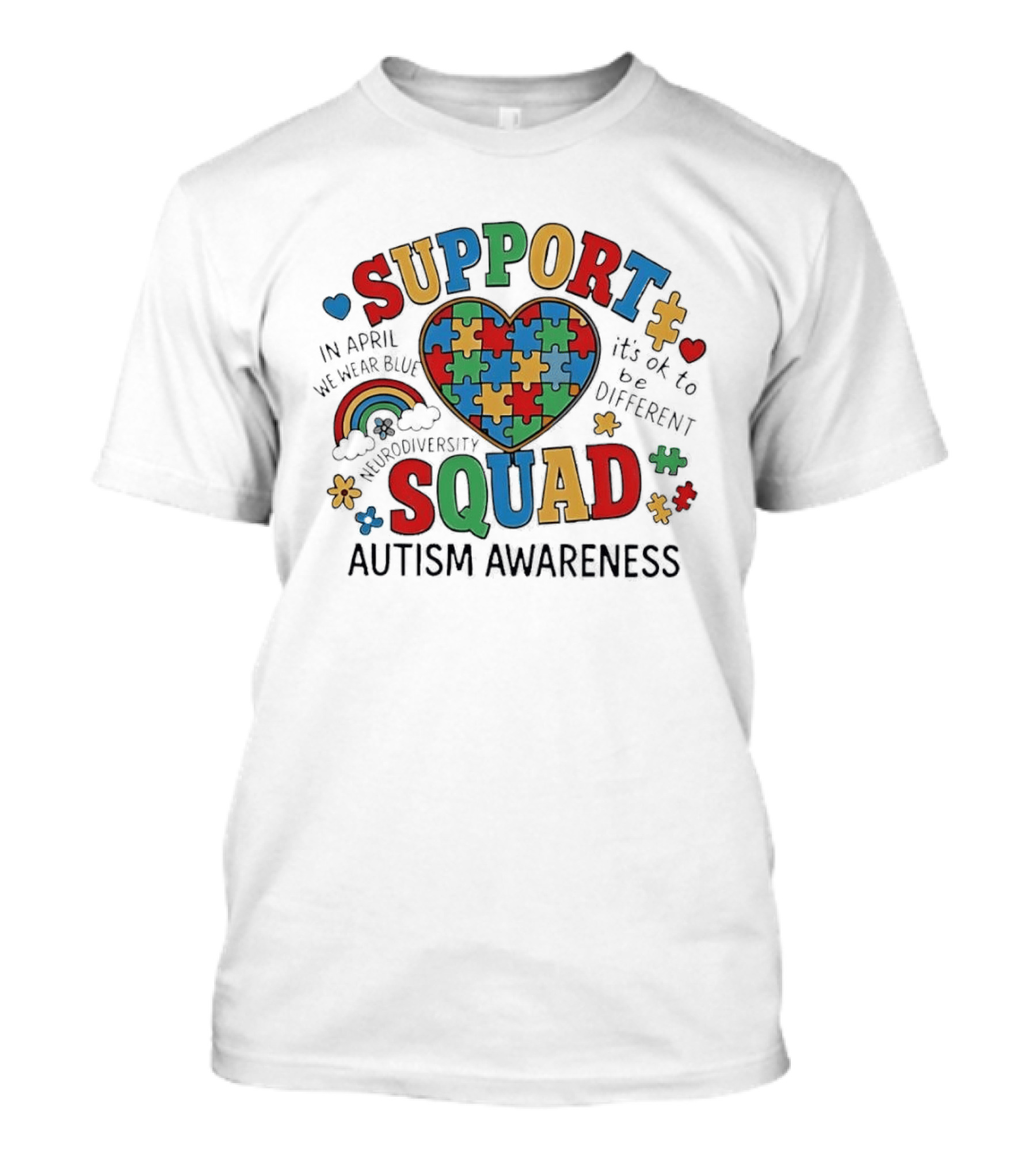 Autism Awareness Support Squad Neurodiversity Rainbow Puzzle Heart T-Shirt