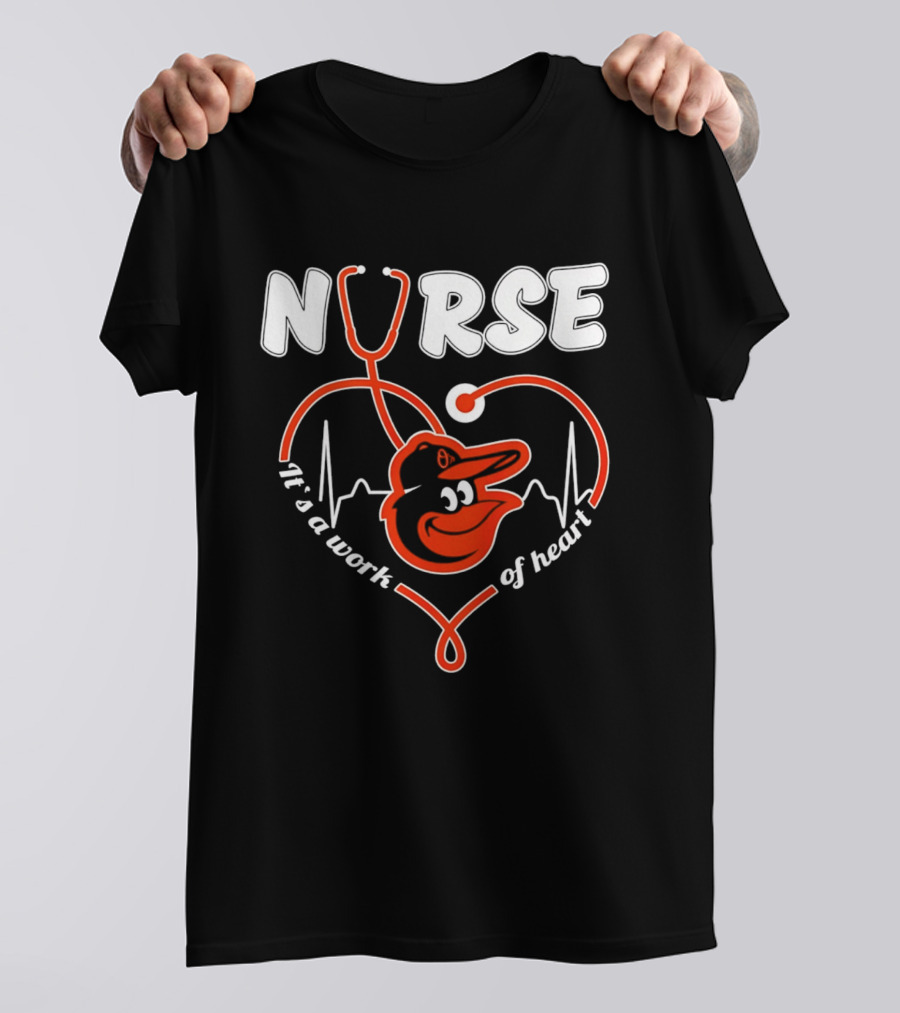 Baltimore Orioles Nurse It's A Work Of Heart Stethoscope And Heartbeat 2026 T-Shirt