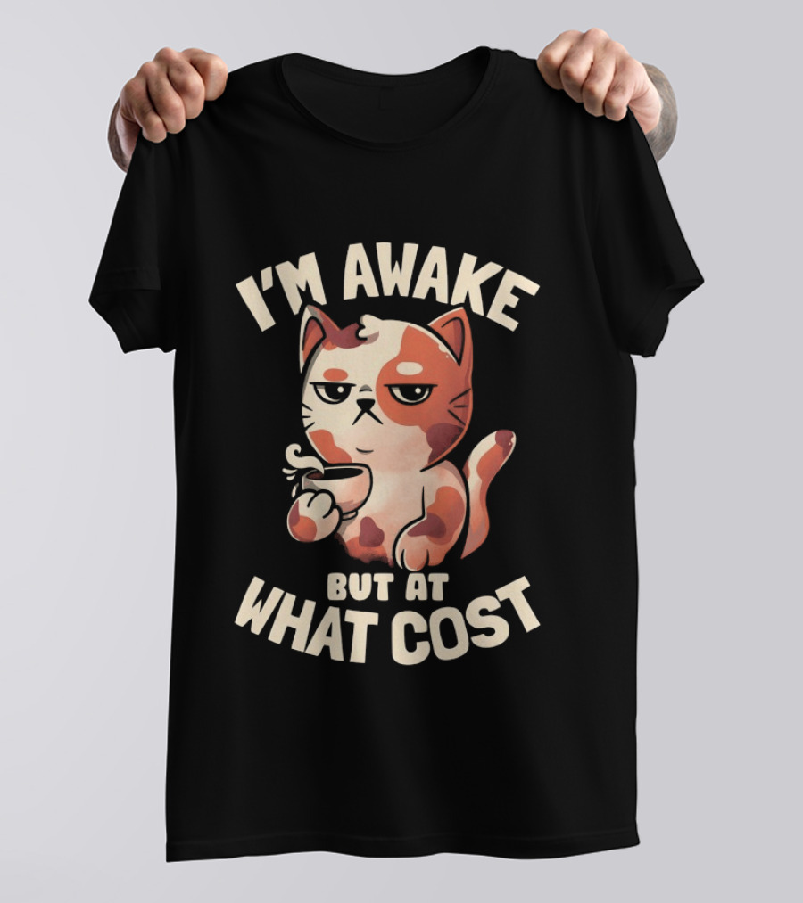 I'm Awake But At What Cost Funny Tired Cat With Coffee T-Shirt