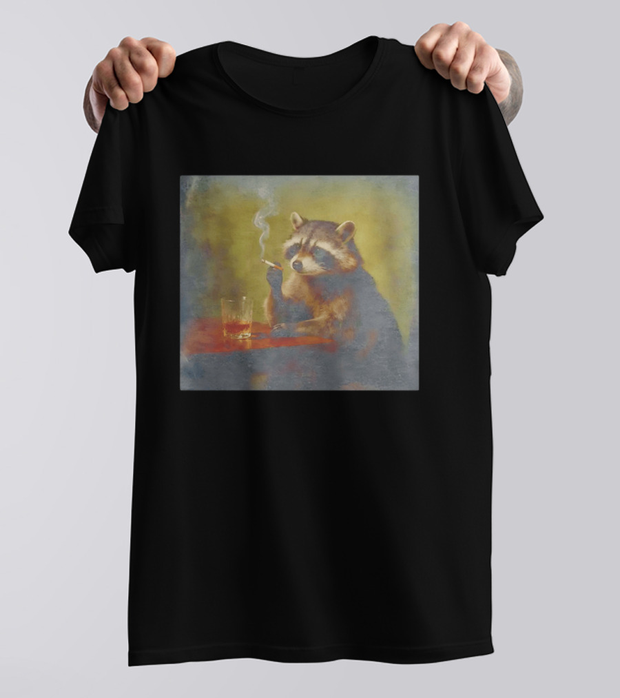 Sad Raccoon Smoking Cigarette And Drinking Whiskey Scene T-Shirt