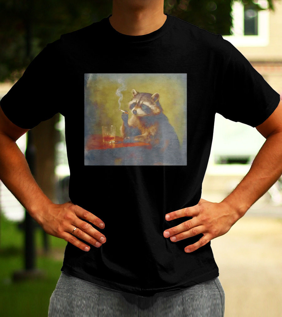 Sad Raccoon Smoking Cigarette And Drinking Whiskey Scene T-Shirt