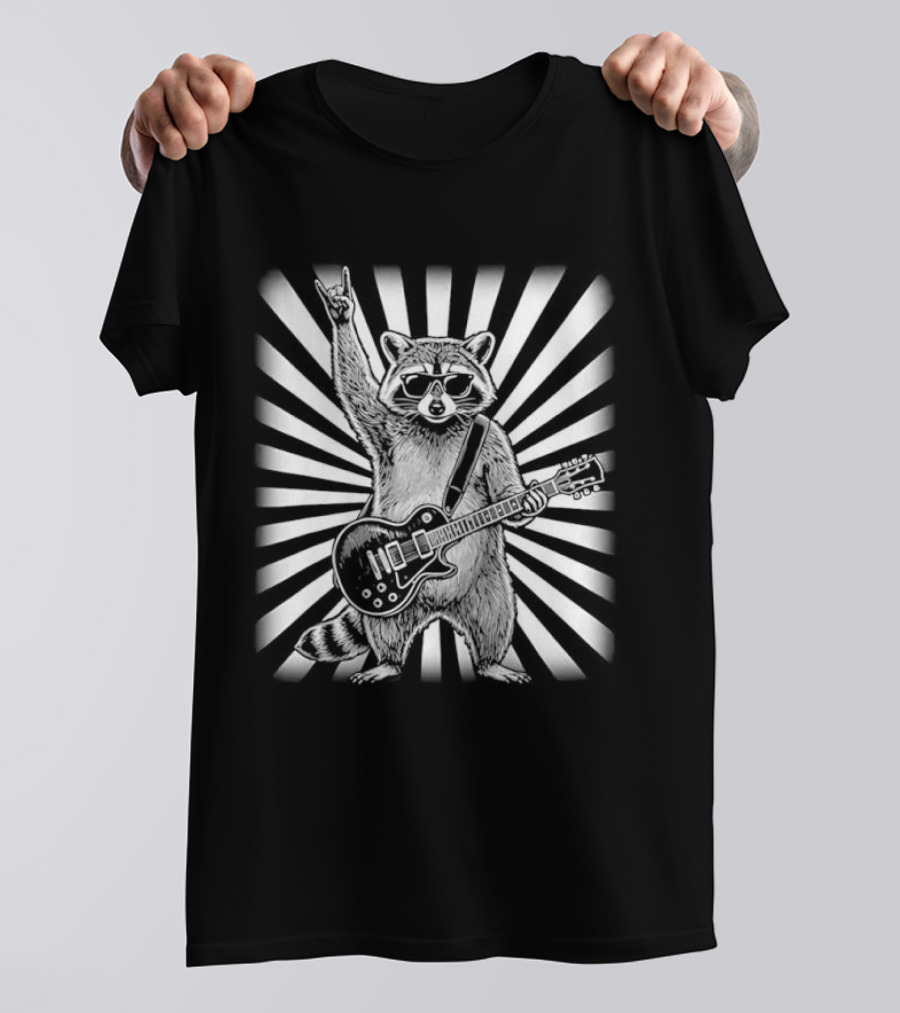 Raccoon With Guitar Rocking Out Retro Style Starburst T-Shirt