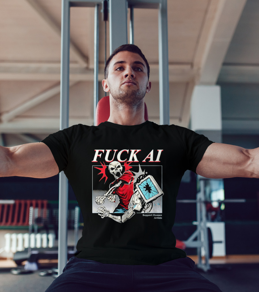 Skeleton Punch Robot Fuck AI Support Human Artists T-Shirt
