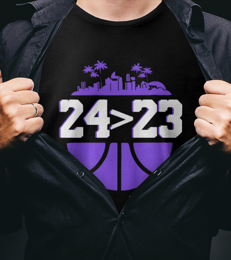 24 Is Greater Than 23 Basketball Los Angeles Skyline T-Shirt