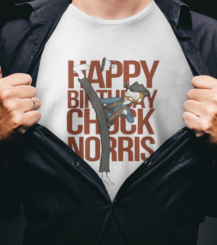 Happy Birthday Chuck Norris 2026 Cowboy Cartoon Kick T-Shirt