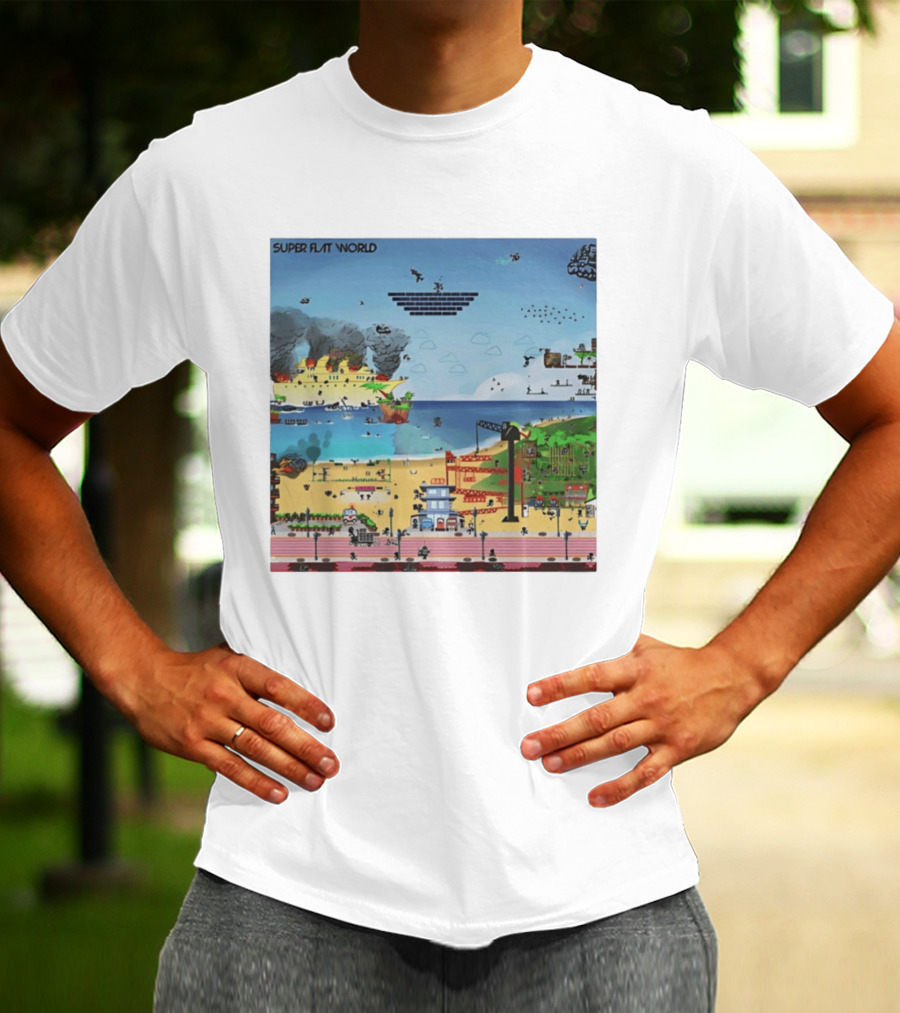 Super Flat World Cartoon Pixel Art Adventure Beach Cityscape Fantasy T-Shirt