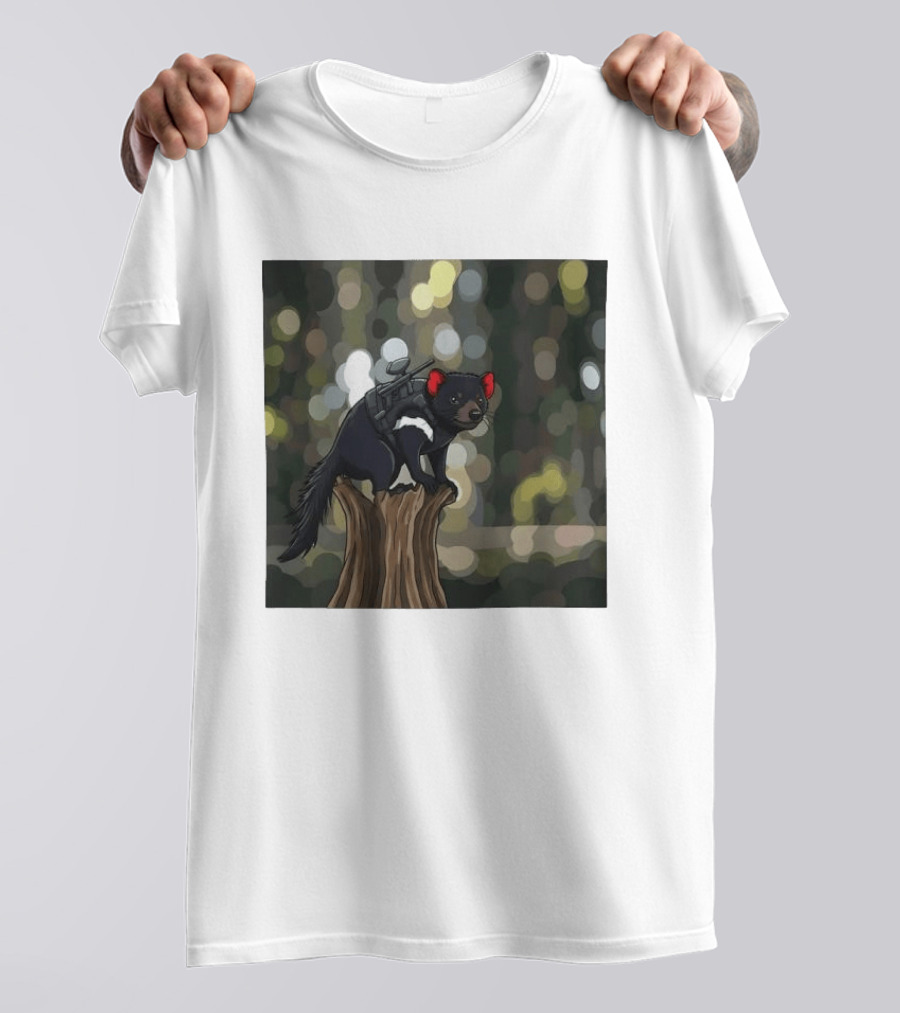 Tasmanian Devil With Machine Gun Cartoon On Tree Stump T-Shirt