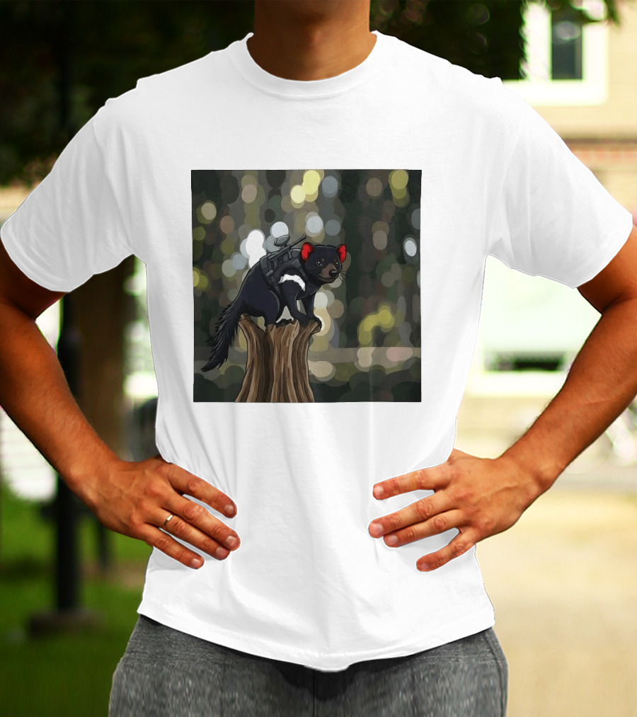 Tasmanian Devil With Machine Gun Cartoon On Tree Stump T-Shirt