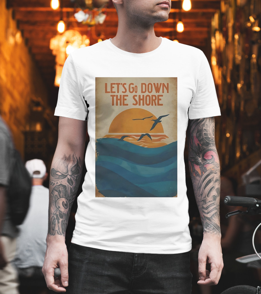 Let's Go Down The Shore Seaside Sunset Ocean Waves And Seagulls T-Shirt