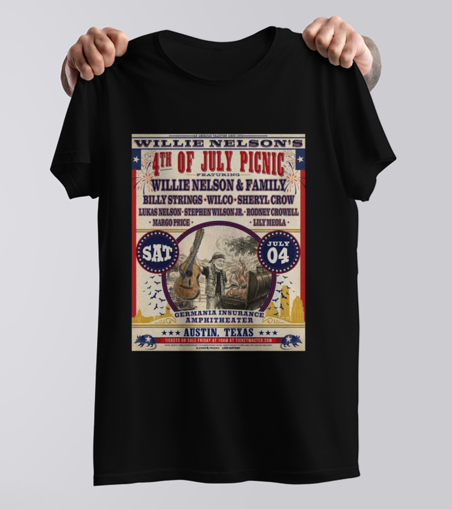Willie Nelson's 4th Of July Picnic Willie Nelson & Family Billy Strings Wilco Sheryl Crow Austin Texas Germania Insurance Amphitheater July 4 2026 T-Shirt