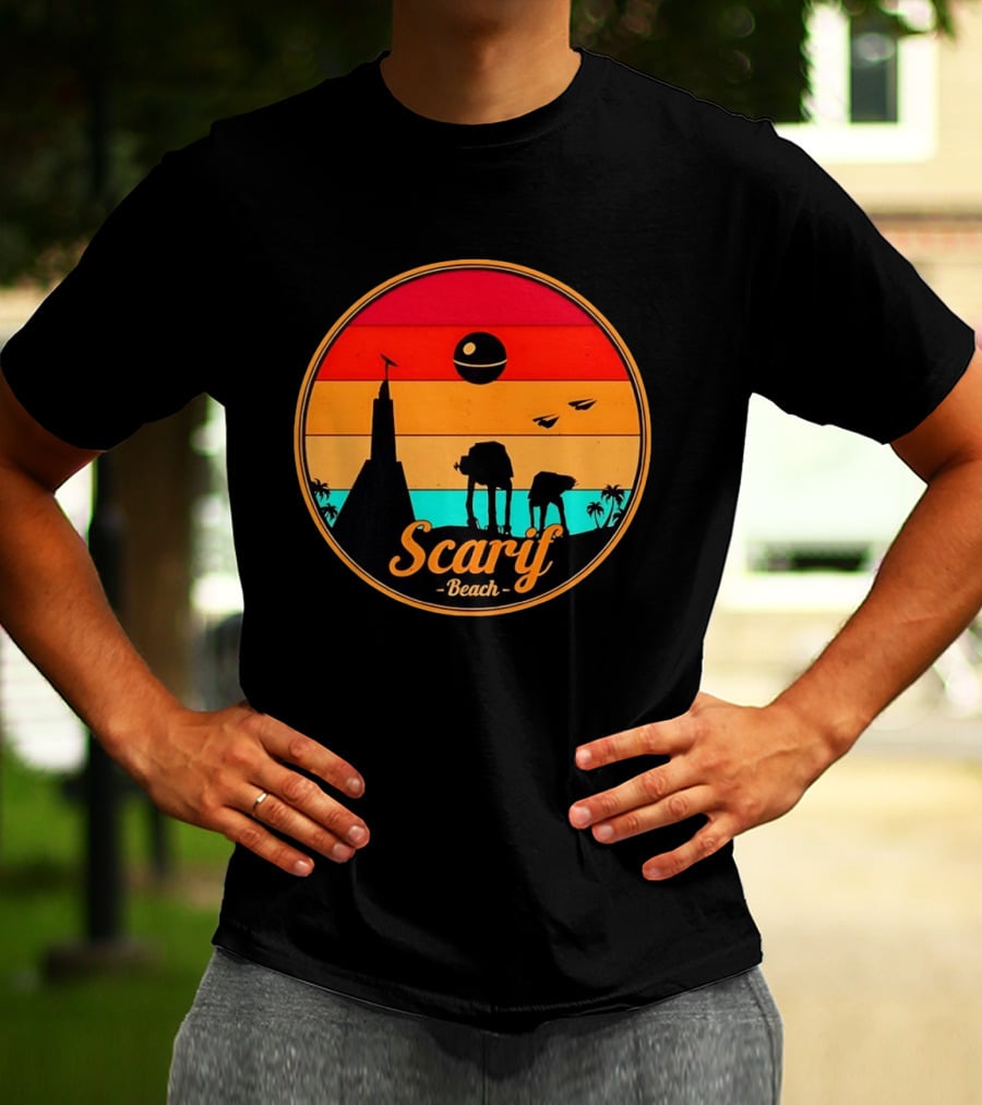 Scarif Beach Sunset With AT ACT Walkers And Death Star T-Shirt