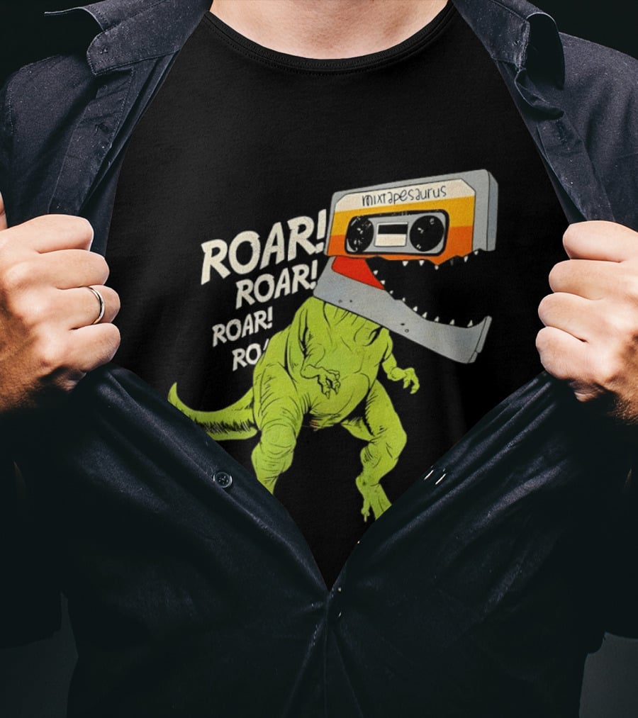 Mixtapesaurus Dinosaur Roar Mixtape Cassette Head T-Shirt