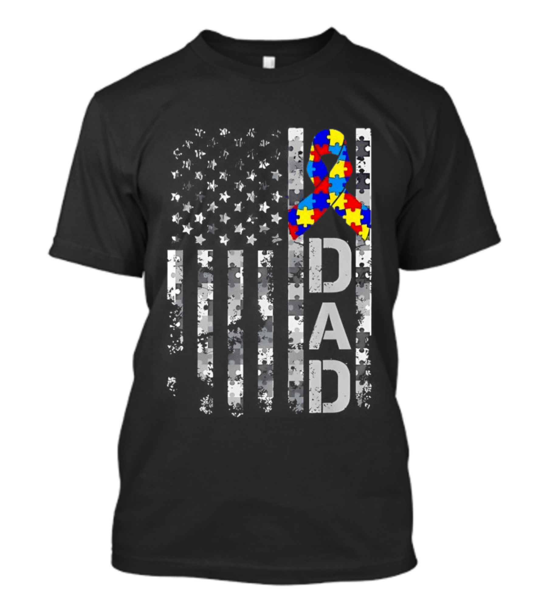 USA Flag With Autism Awareness Puzzle Ribbon Dad Fathers Day T-Shirt