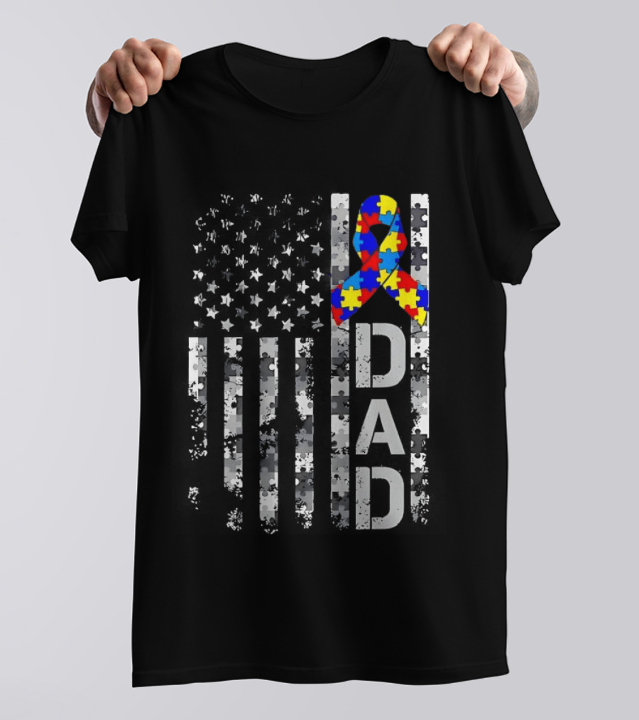 USA Flag With Autism Awareness Puzzle Ribbon Dad Fathers Day T-Shirt
