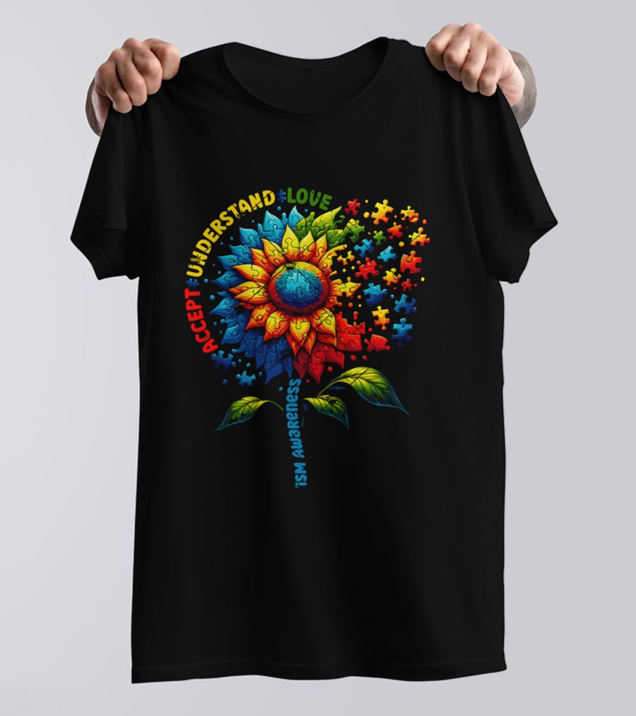 Accept Understand Love Sunflower Autism Awareness Puzzle Pieces T-Shirt