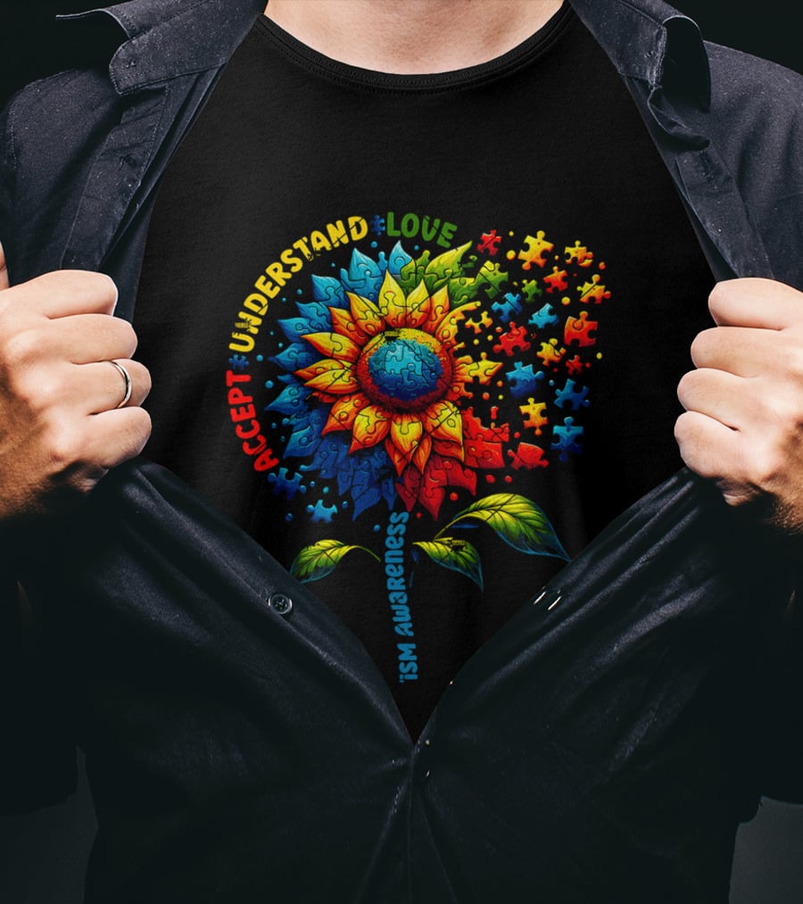 Accept Understand Love Sunflower Autism Awareness Puzzle Pieces T-Shirt