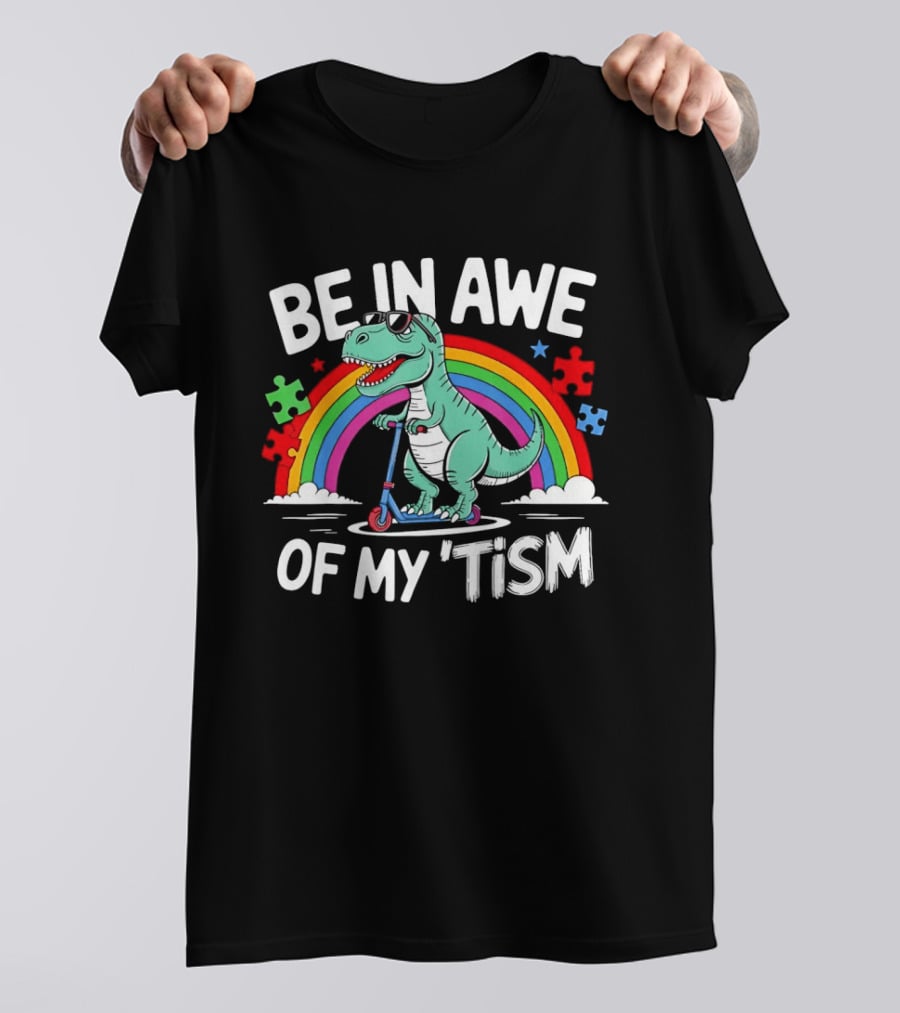 Be In Awe Of My Tism Rex Dinosaur Autism Awareness Rainbow Puzzle T-Shirt