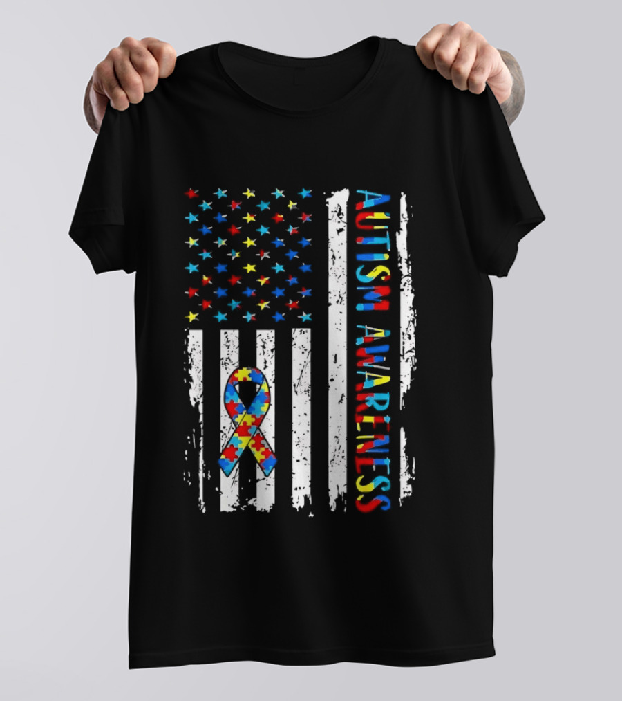 USA Flag Autism Awareness Ribbon Puzzle Pieces T-Shirt