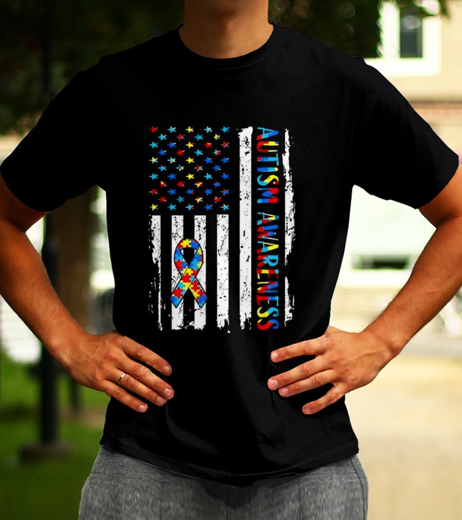 USA Flag Autism Awareness Ribbon Puzzle Pieces T-Shirt