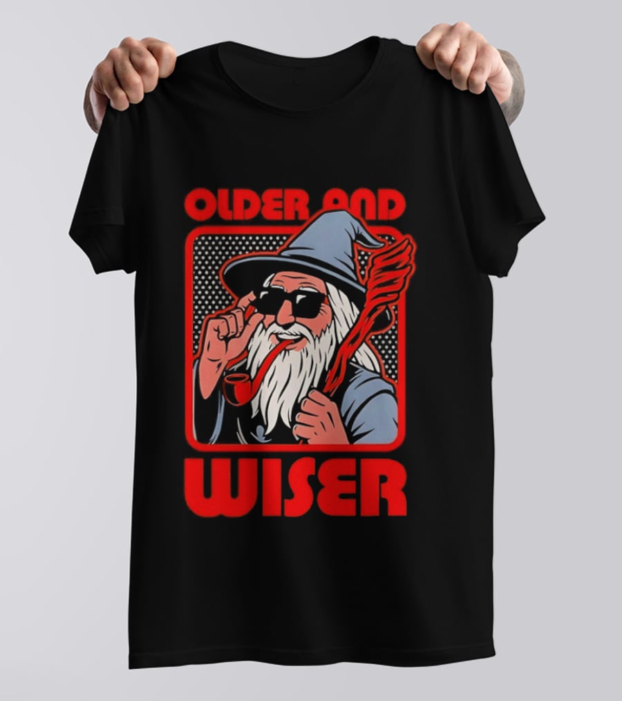 Older And Wiser Wizard Smoking Pipe In Sunglasses Wise Pop T-Shirt