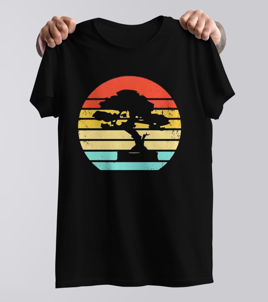 Bonsai Tree Silhouette Japan Retro Sunset T-Shirt