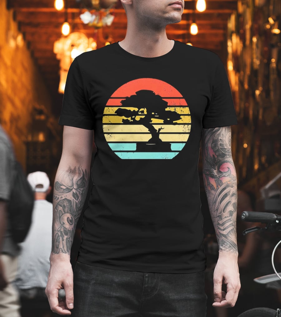 Bonsai Tree Silhouette Japan Retro Sunset T-Shirt