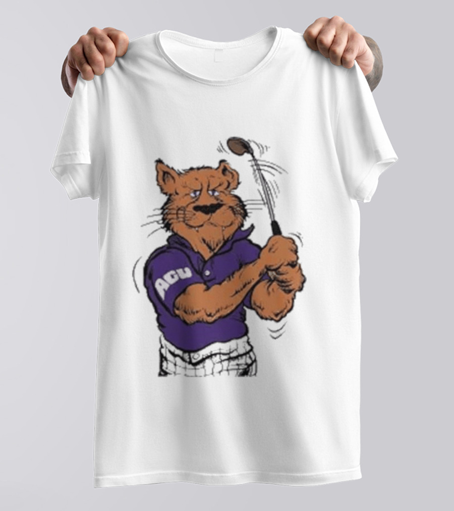 ACU Golf Puma In Purple Polo Swinging A Club T-Shirt