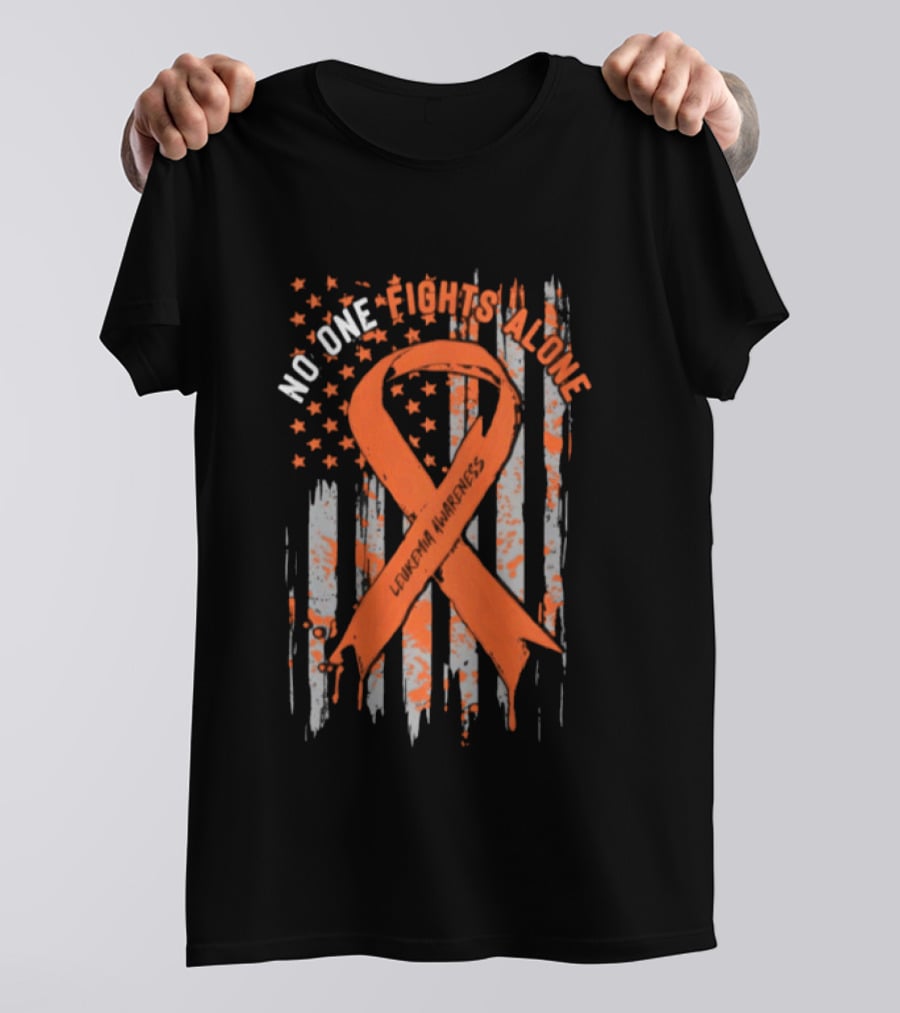 No One Fights Alone Leukemia Awareness Orange Ribbon American Flag T-Shirt