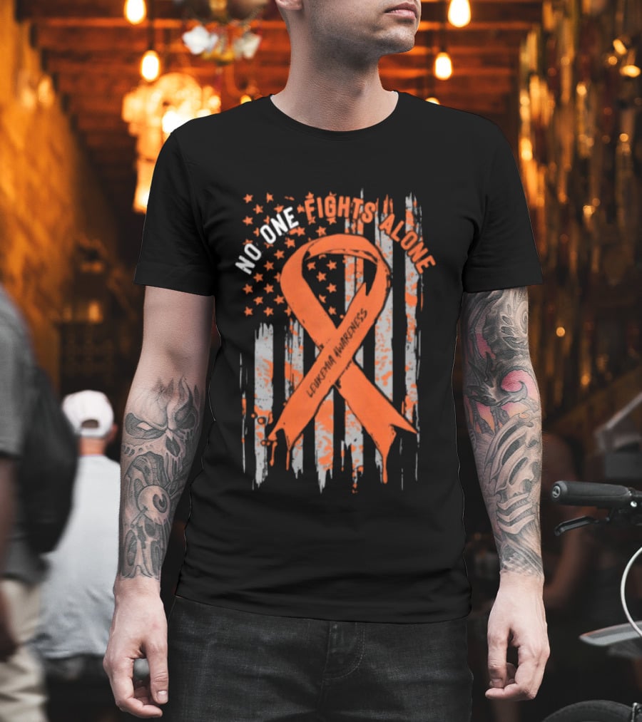 No One Fights Alone Leukemia Awareness Orange Ribbon American Flag T-Shirt