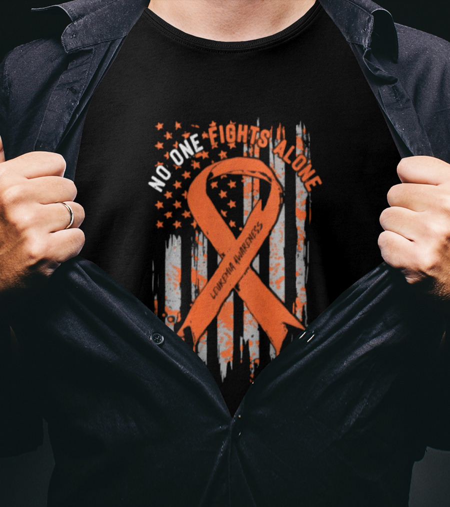 No One Fights Alone Leukemia Awareness Orange Ribbon American Flag T-Shirt