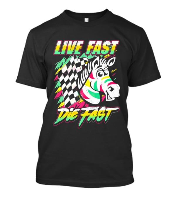 Zebra Checkered Flag Live Fast Die Fast Retro Neon T-Shirt