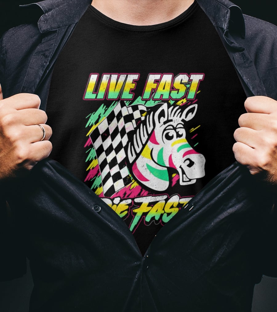 Zebra Checkered Flag Live Fast Die Fast Retro Neon T-Shirt